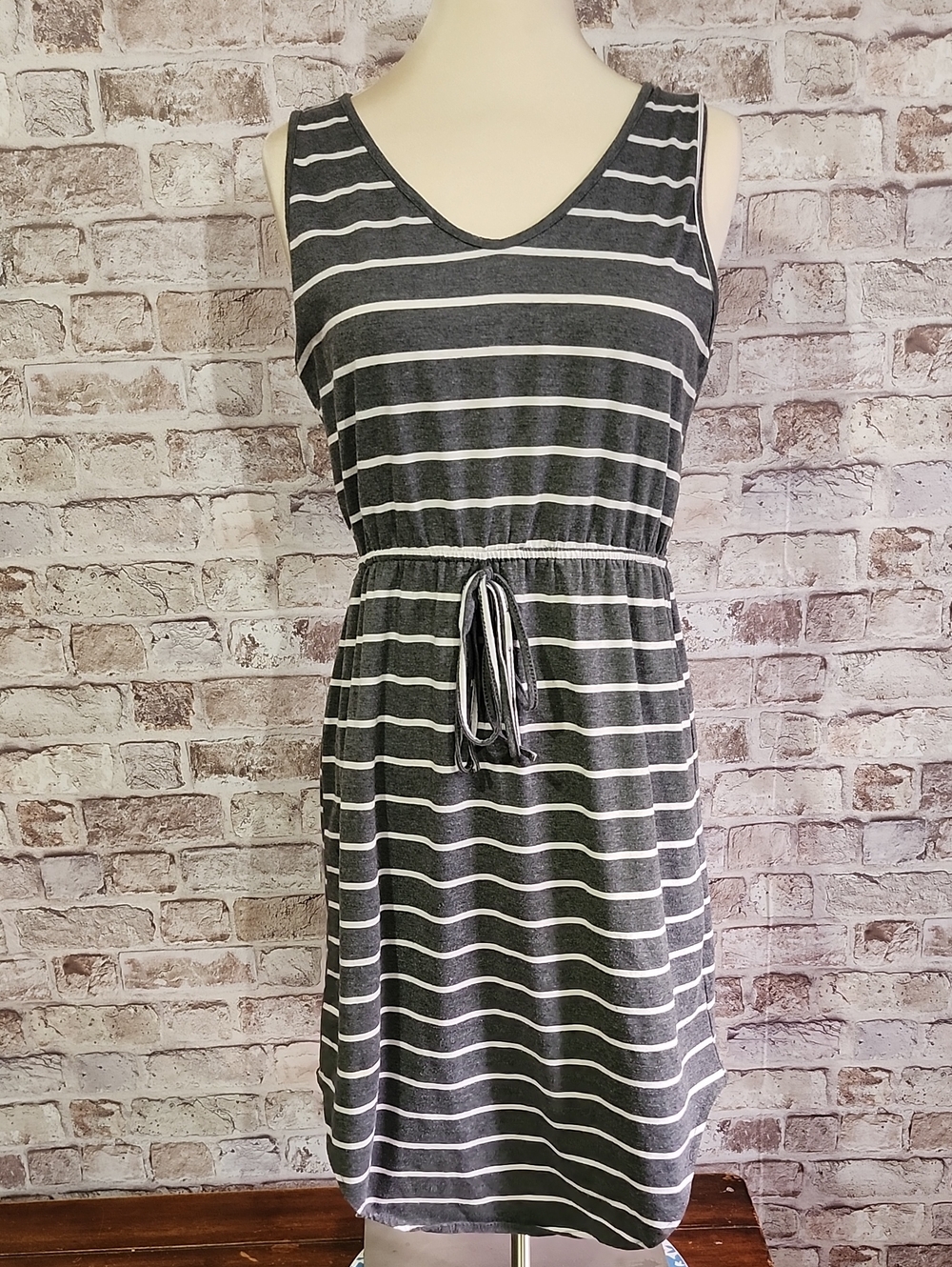SHEIN Charcoal Gray & White Striped Sleeveless Midi Drawstring Dress
